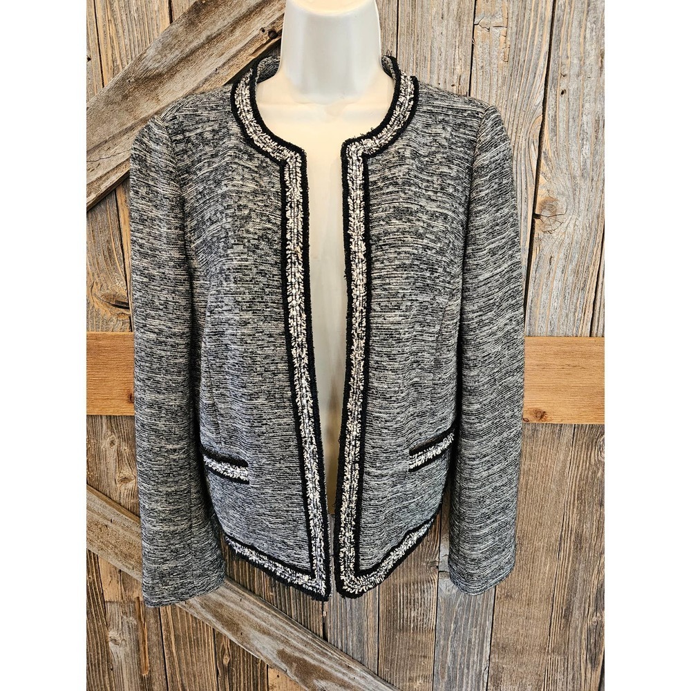 Talbots M P PETITE black and White Open-Front Blazer w/ Ornate Trim
^